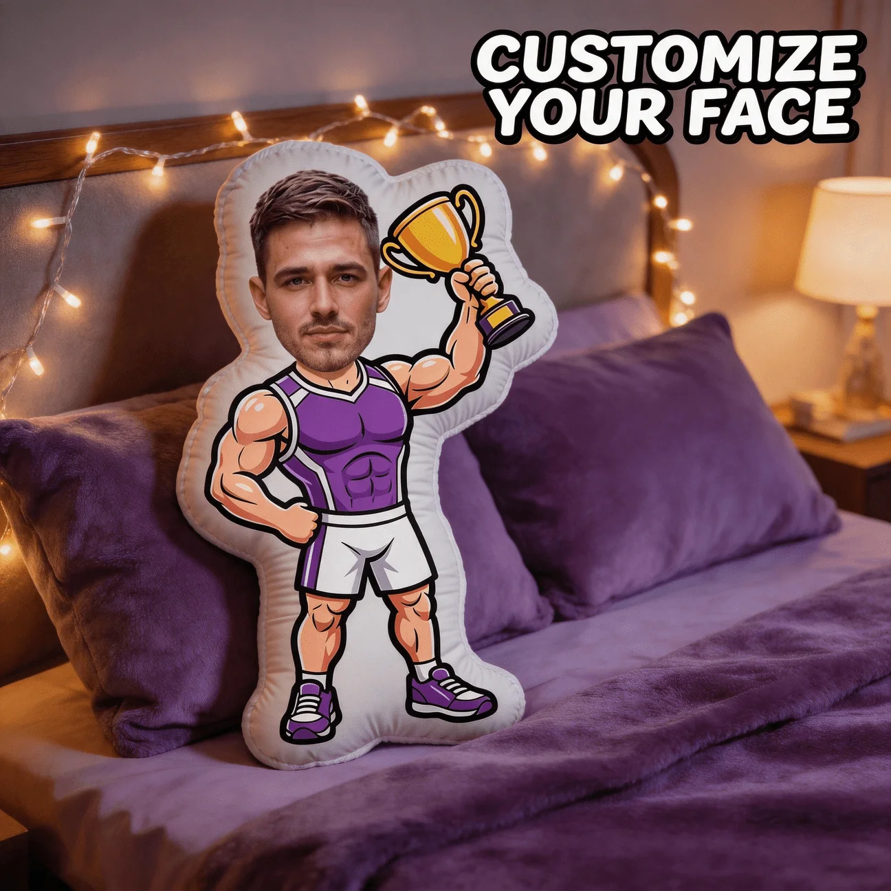 Custom Photo Shaped Pillow, Personalized Face on Muscular Athlete Body Holding Golden Trophy, Purple Sports Outfit Decorative Cu