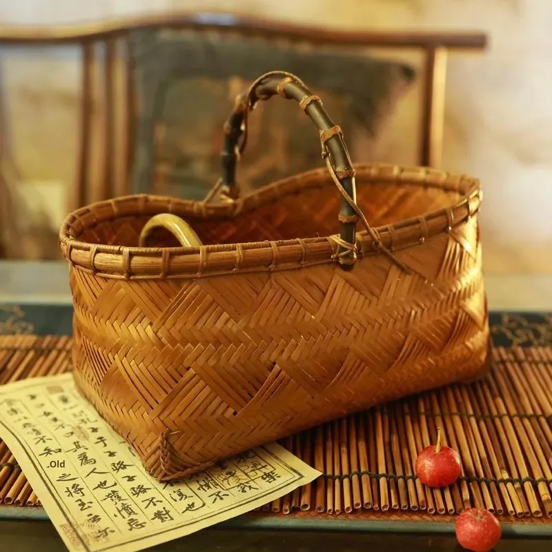 for Retro hand-woven bamboo basket, lacquered purple bamboo handle, unique peanut pattern, handmade home decoration gifts