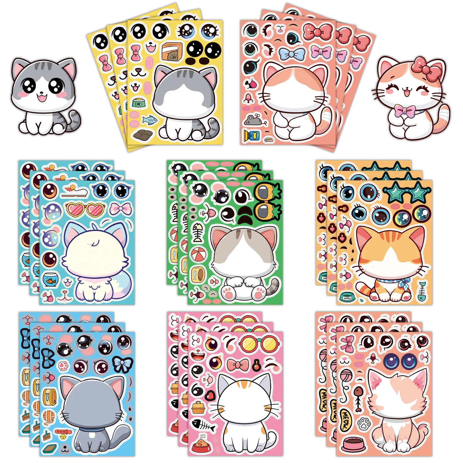 8 Sheets/Pack Cat Face Changing Stickers DIY Puzzle Decals Phone Laptop Luggage Refrigerator Decorative Stickers