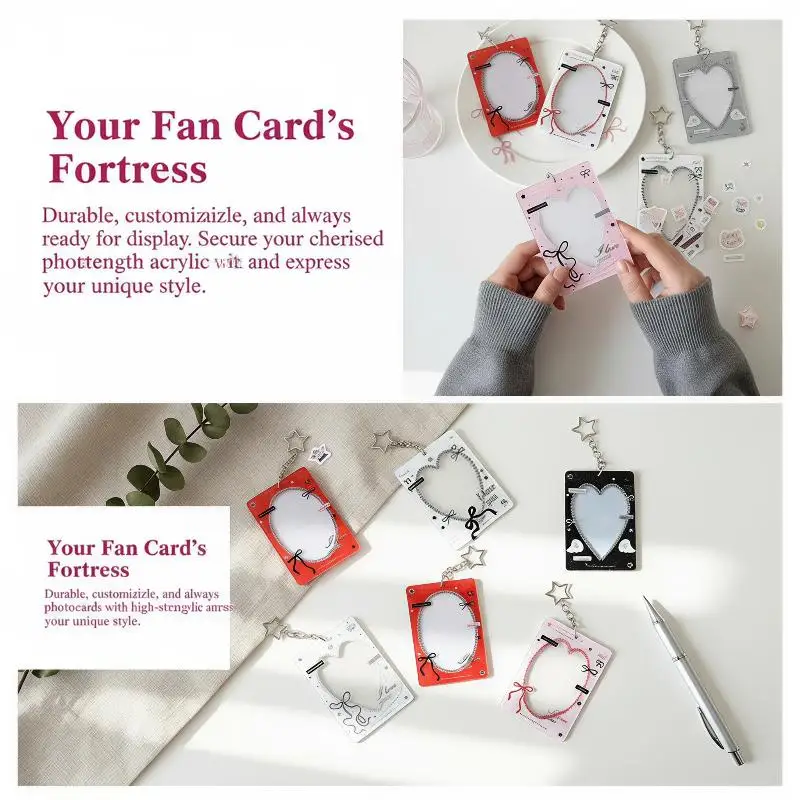 Heart Bow Photocard Holder With Star Keychain Cute Lace Frame ID Card Cover Kpop Photocard Sleeve Bag Pendant Gift For Fans Girl