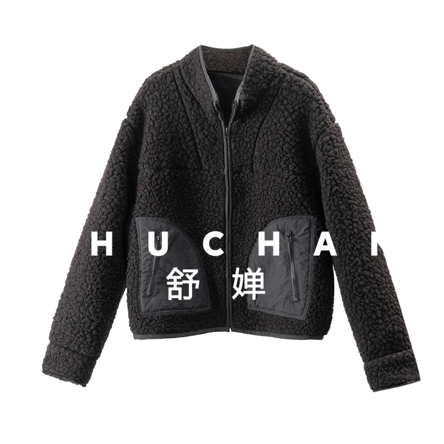 

750g Warm Fleece Winter French Design Splicing Tooling Style Lamb Wool Stand-up Collar Jacket Women 20I3