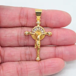 High Quality Gold Color Clear Cubic Zirconia Round Jesus Crucifix Cross Pendant Jewelry