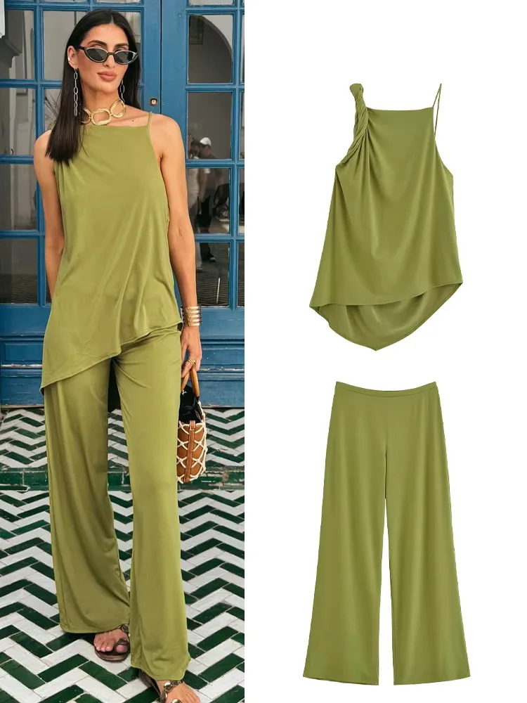 

HH Women Solid Pants Suit Backless Asymmetric With Pleated Decoration Sling Top+Chic Elastic Waist-drooping Wide-leg Pants