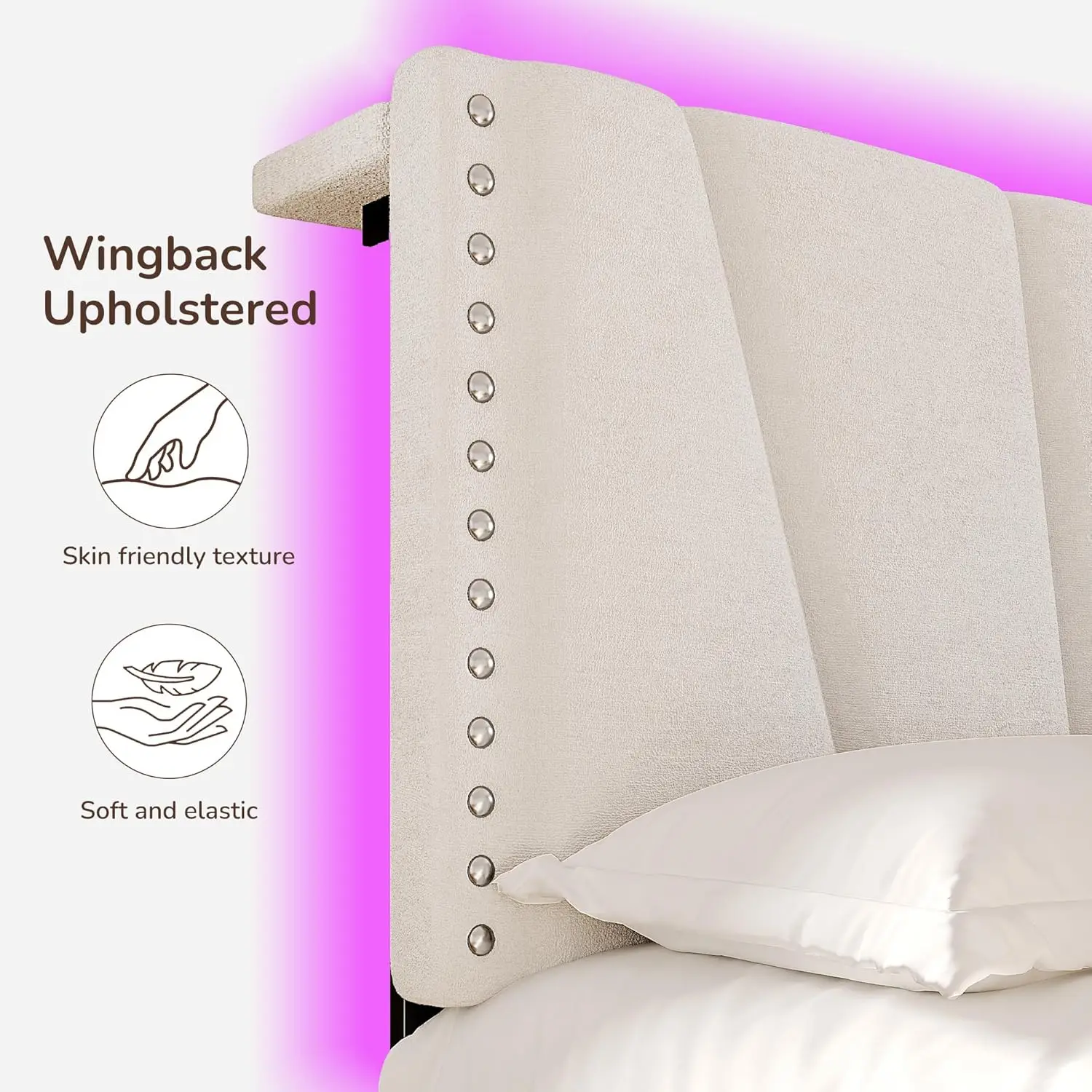 King Size Bed Frame with Velvet Headboard and LED Lights， Storage Headboard Platform Bed with Charging Station image 4
