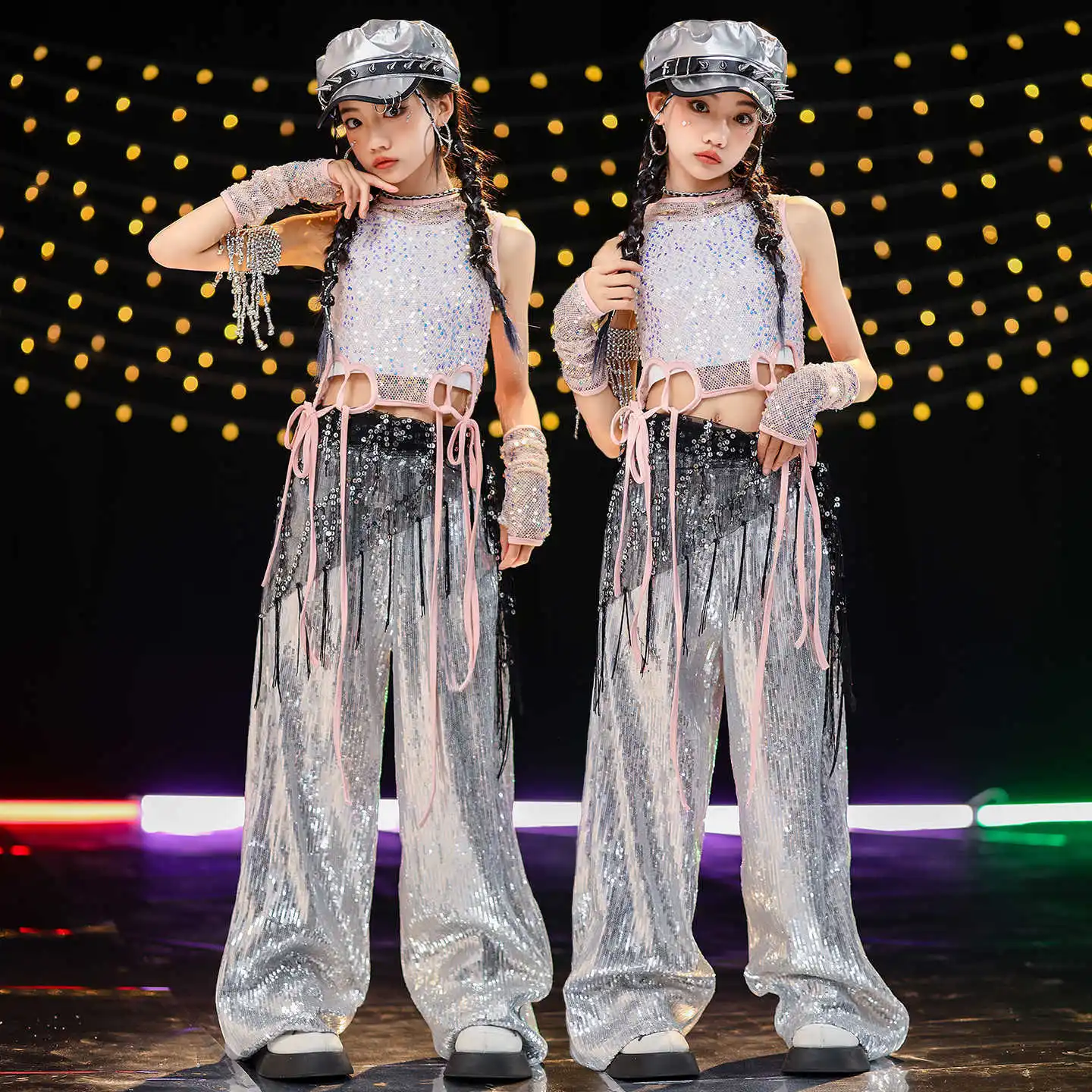 

Kid Kpop Hip Hop Clothing Pink Sequined Lace up Hoodie Crop Tank Silver Casual Wide Pants for Girl Jazz Dance Costumes Clothes