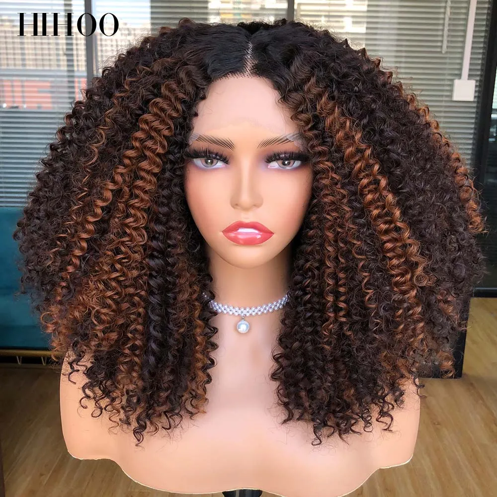 ลูกไม้ด้านหน้าวิกผมผู้หญิงสั้น Bob วิกผม Afro Kinky Curly Wigs Ombre สังเคราะห์สีน้ำตาลกลางธรรมชาติผมสีดำ Headgear พร้อมคลิป