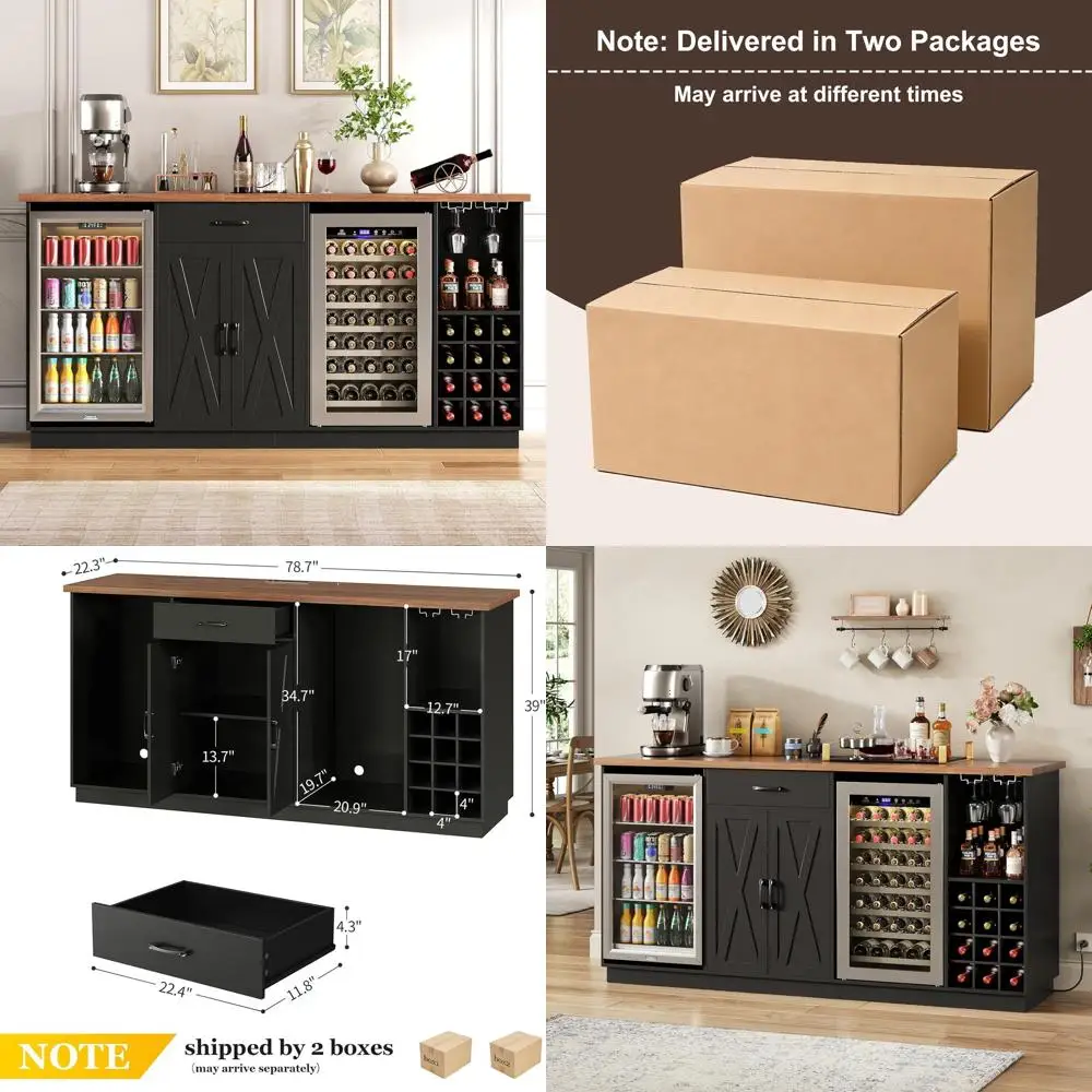 

Large Coffee Bar Cabinet with Ridge Space, Mini Ridge Cabinet Storage, Liquor Cabinet with Wine Rack and Glass Holder, Power Out