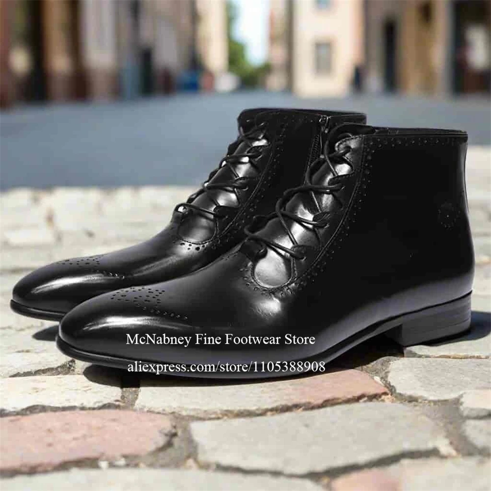 

Leather Lace up Brogue Ankle Boots Round Toe Chunky Heel Handmade Men Dress Boots for Formal Business Wedding Party Plus Size