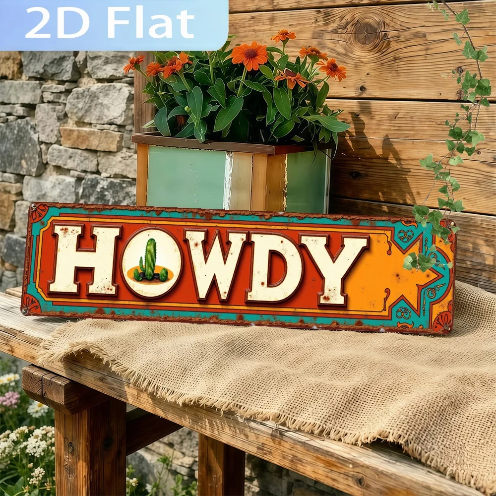 2D Flaches, Vintage-Schild 'Vintage 'HOWDY' Schild mit Kaktus. Elegantes Wandkunst-Schild, perfekt für Zuhause, Badezimmer, Küche, Büro