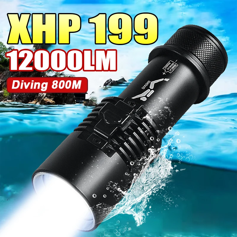 Super XHP199 Professional Diving Flashlight 12000LM Underwater Scuba Diving Torch IPX8 Waterproof Powerful Diving Lantern 26650