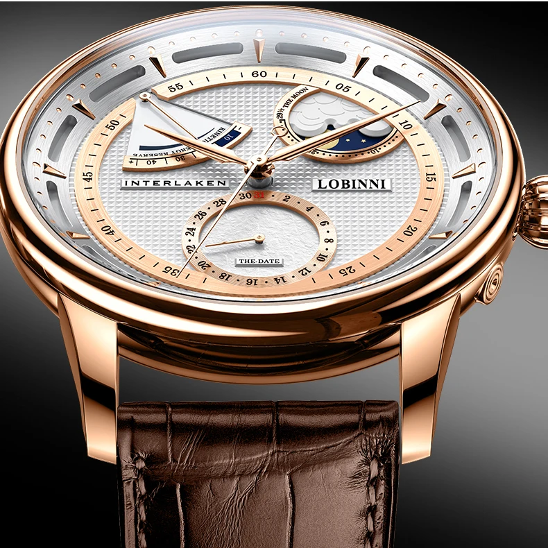

Lobinni Men Automatic Watch 41mm Mechanical Wristwatch Moon Phase 5ATM Waterproof Sapphire Mirror Power Reserve Display