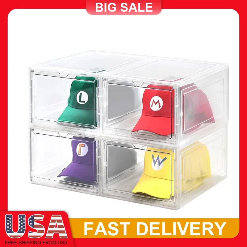 

2/4 Pack Clear Hat Storage Box with Magnetic Door Stackable Organizer Holds 8 Hats Each for Closet Shelf