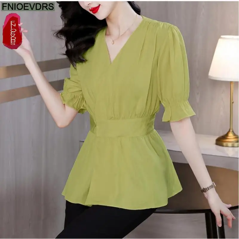 

Женские офисные топы с оборками и баской, новый дизайн, женская летняя модная зеленая рубашка в европейском стиле, блузки