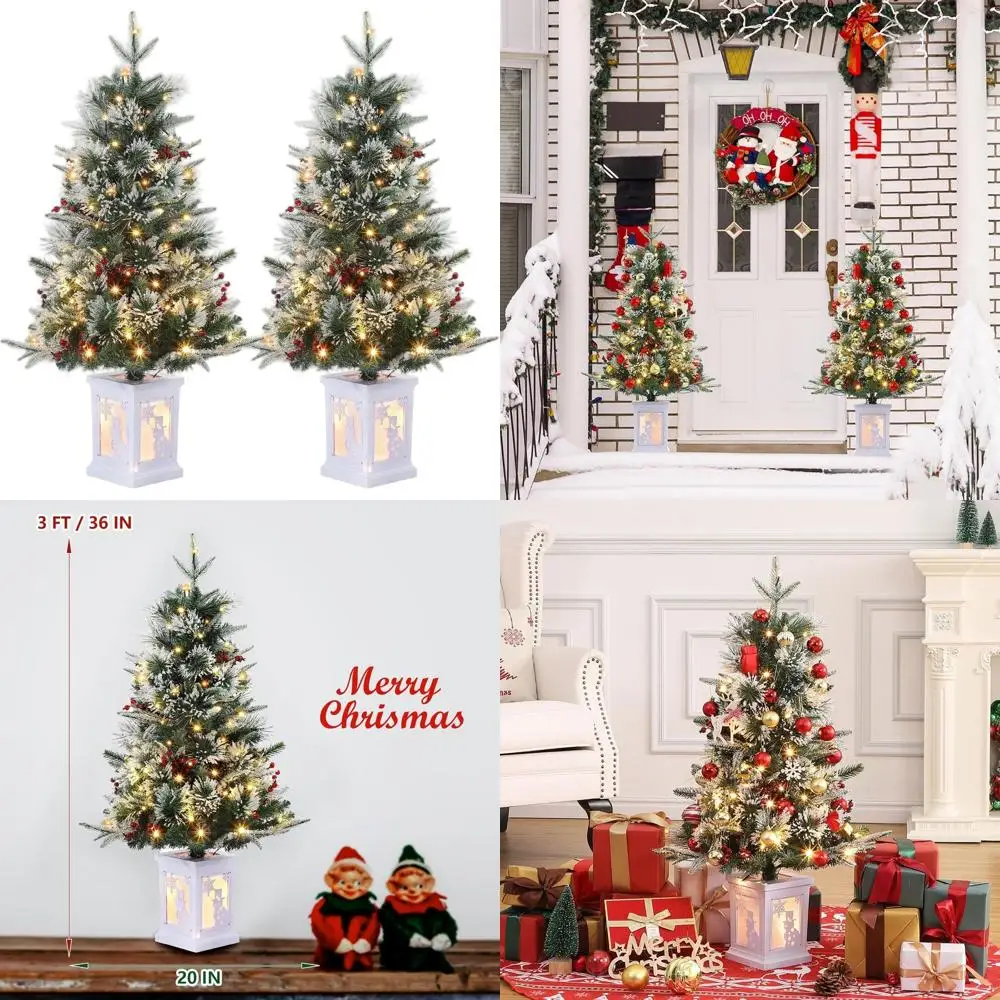 

78-LED Fiber Optic Snowman Base Christmas Tree, 3 Ft, 8-Mode Battery Box, Red Berry Decor, Easy Setup
