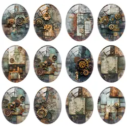 10pcs/lot Steampunk Gear Splice Geometry Pattern Oval Photo Glass Cabochon Flatback Demo Flat Back Cameo For Diy Jewelry Making