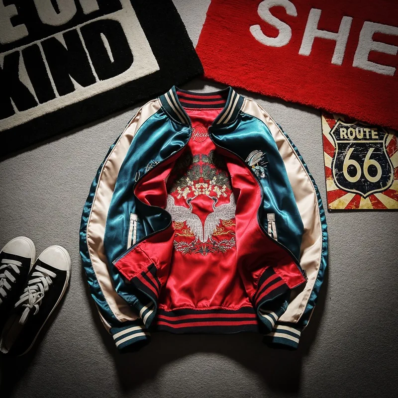 Y2k Men's Harajuku Crane Bee Embroidery Bomber Jacket Dark Culture Reversible Yokosuka Streetwear Coat