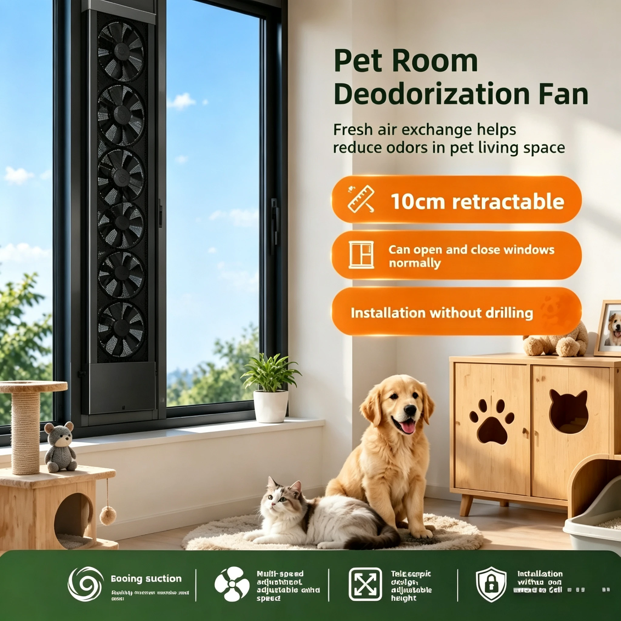 Pet Room Exhaust Fan, Window Free Installation, Odor Removal Ventilation Special Large Wind Silent Exhaust Fan for Sliding