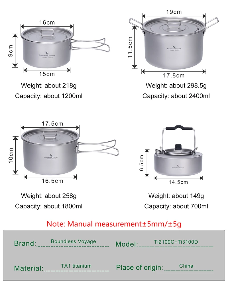 Boundless Voyage 1,2 l 1,8 l 2,4 l Titan-Topf 0,7 l Camping-Wasserkocher Kochgeschirr Outdoor tragbares stapelbares ultraleichtes Koch-Mess-Set – Detail 2