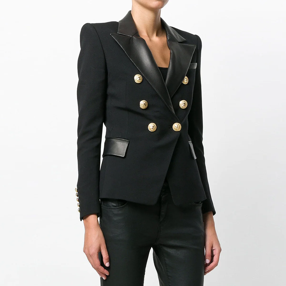 

2026 Spring New Outerwears Black Slim Suit Coats Spliced PU Leather Collar Women's Blazers Lion Head Gold Button Formal Jackets