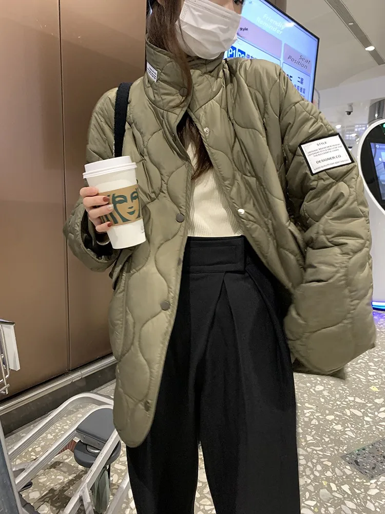 

Loose Women's Cotton Jaet with Side Slits And Diamond Pattern Thiened Long Sve Stand Collar Coat for Autumn Winter