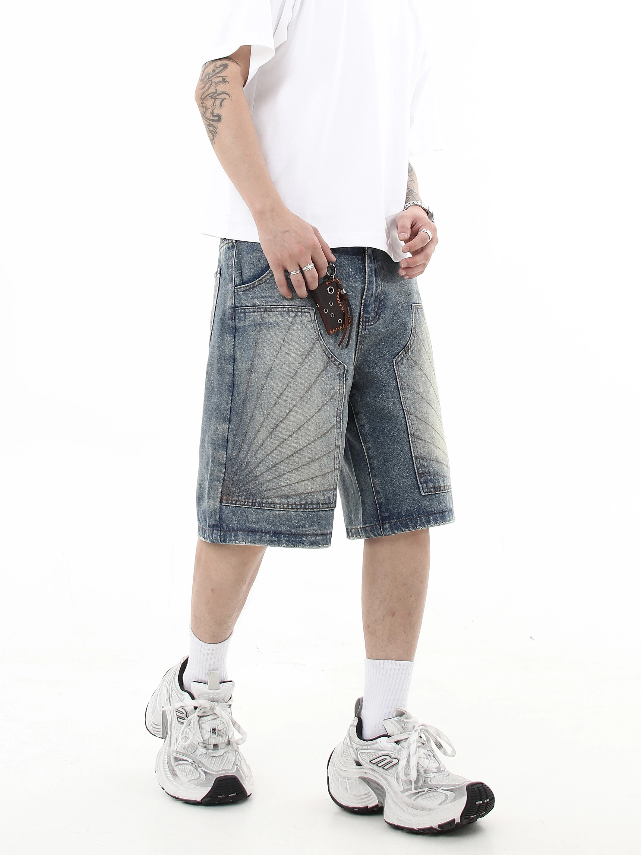 Washed Distressed Embroidered Denim Shorts Hip Hop Jorts