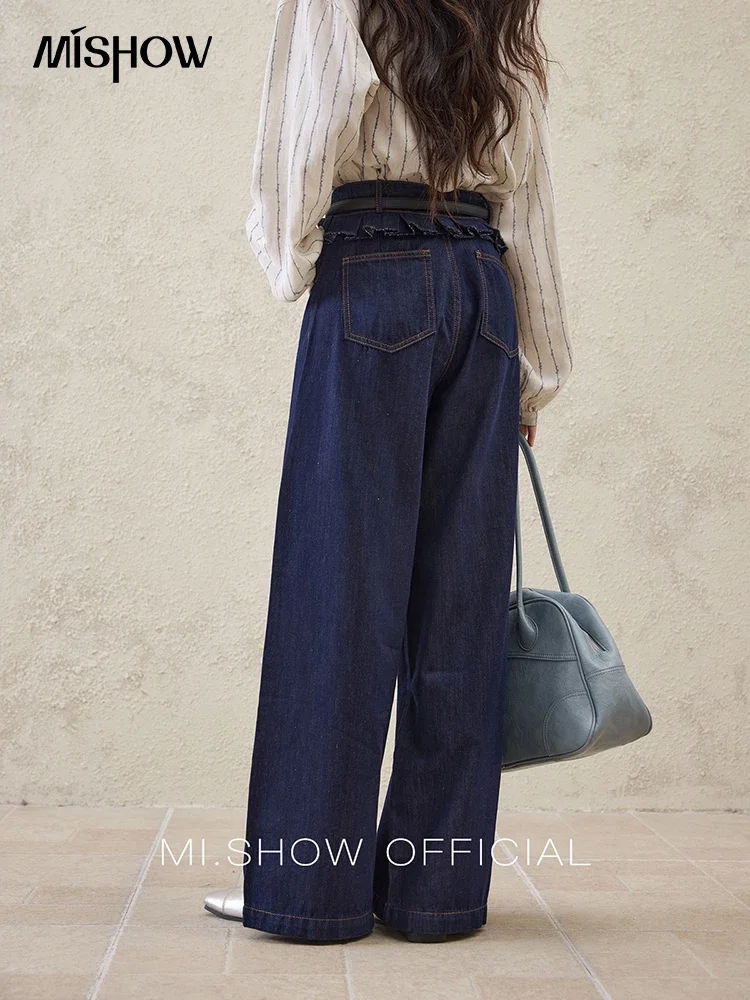 MISHOW جينز صيفي غير رسمي للربيع والصيف للنساء 2025 جينز عالي الخصر بخياطة كشكش للسيدات موضة جديدة بنطال ذو قصة أرجل واسعة MXE16K0907