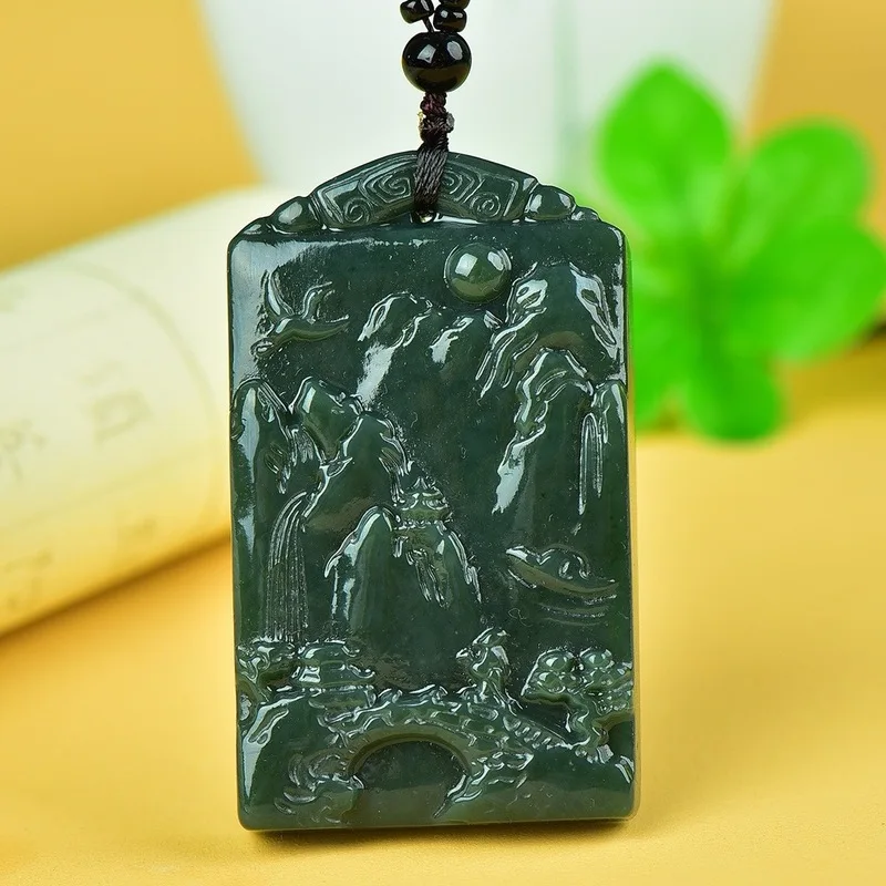 Hetian Shanshui , Green Wushipai , Men'S Peace Amulet Jade Pendant