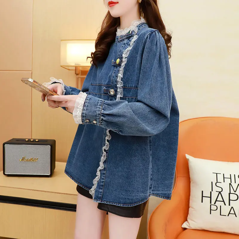 Women Lace Denim Jacket 2025 Spring Autumn Casual Single Breasted Long Sleeve Tops Ladies Blue Button Jean Coat Loose Outwear