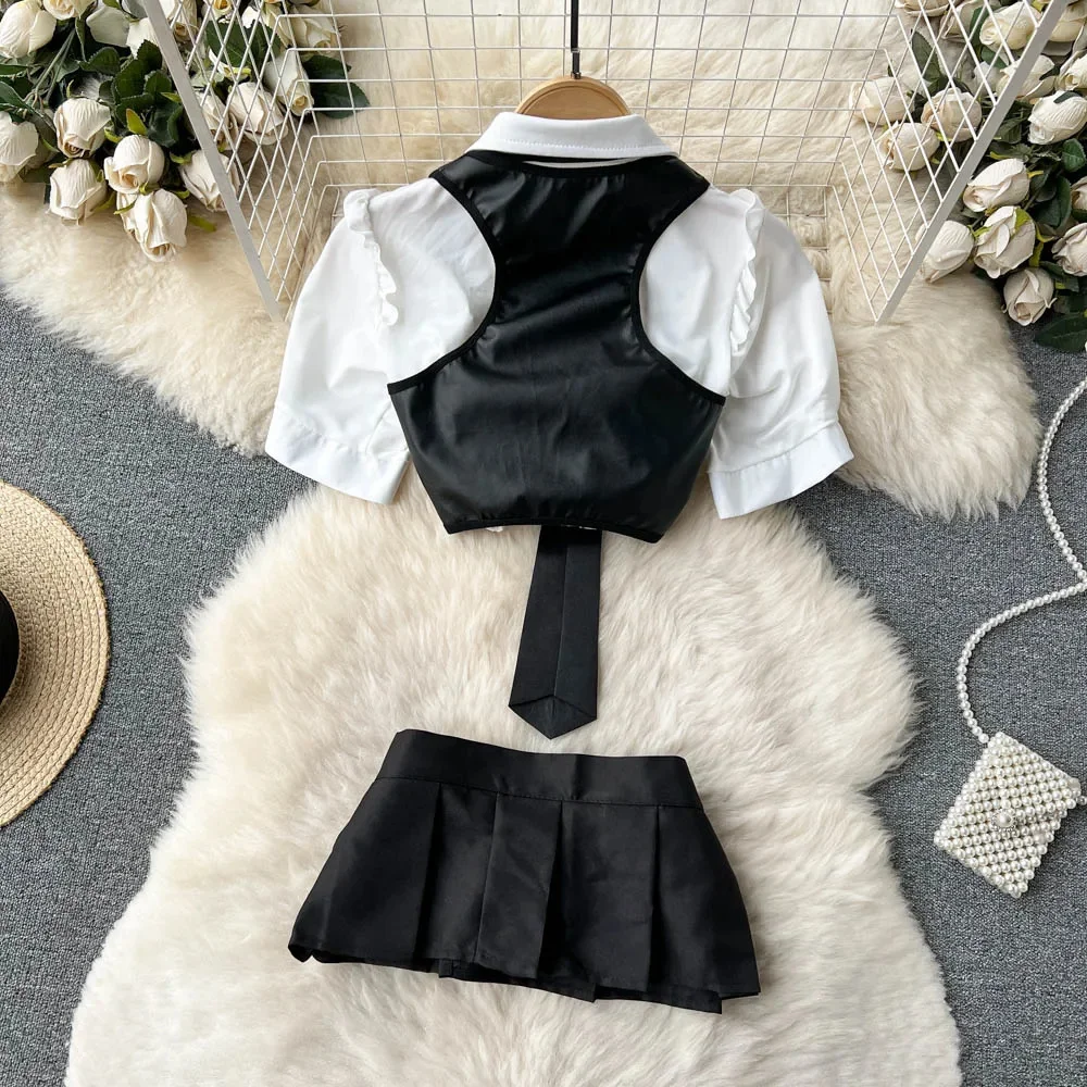 Sexy Hot School uniform Bubble Sleeves Ruffle Hollowed Short top shirt PU Leather Camisole Mini Pleated Skirt Tie 4 Pieces Set