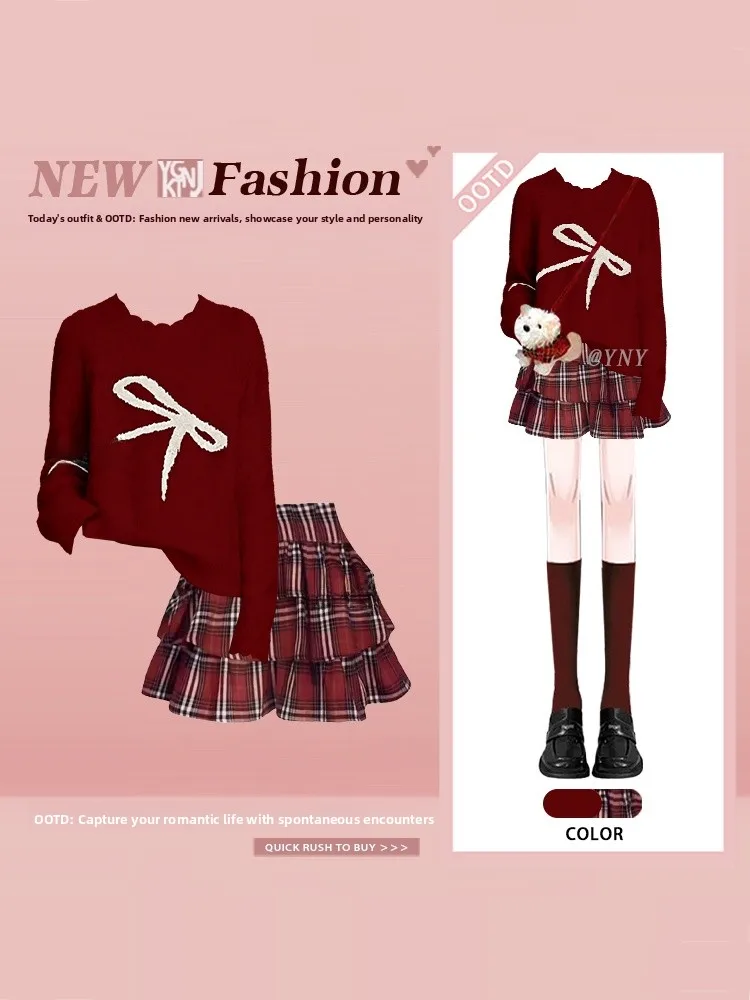 

Новогодний вязаный свитер Aosphere, клетчатая пышная юбка, женский зимний сладкий комплект с бантом и узлом, длинный ансамбль све Faion