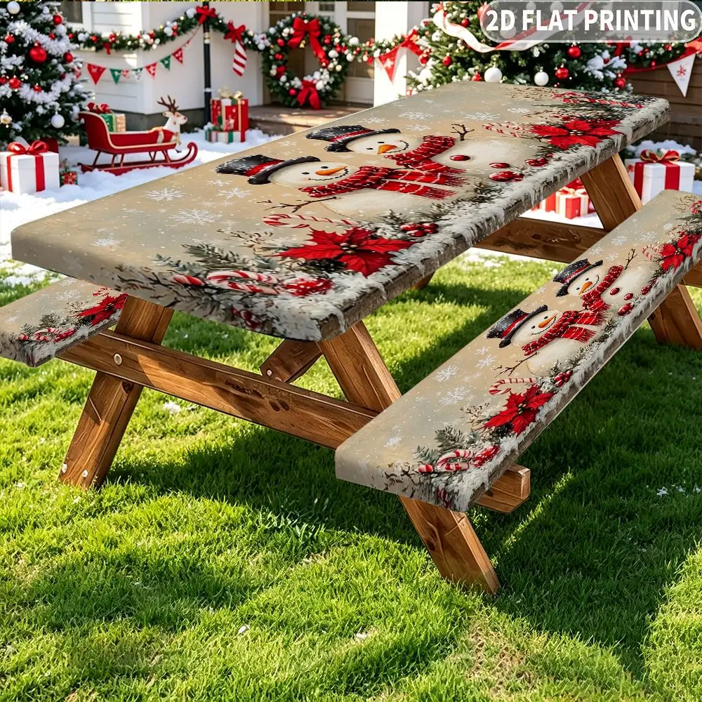 3pcs 2D FLAT Printing 1 Tablecover +2 Bench Covers, Snowmen With Red Poinsettias And Snowflakes Elastic Band Edge Tablecloth