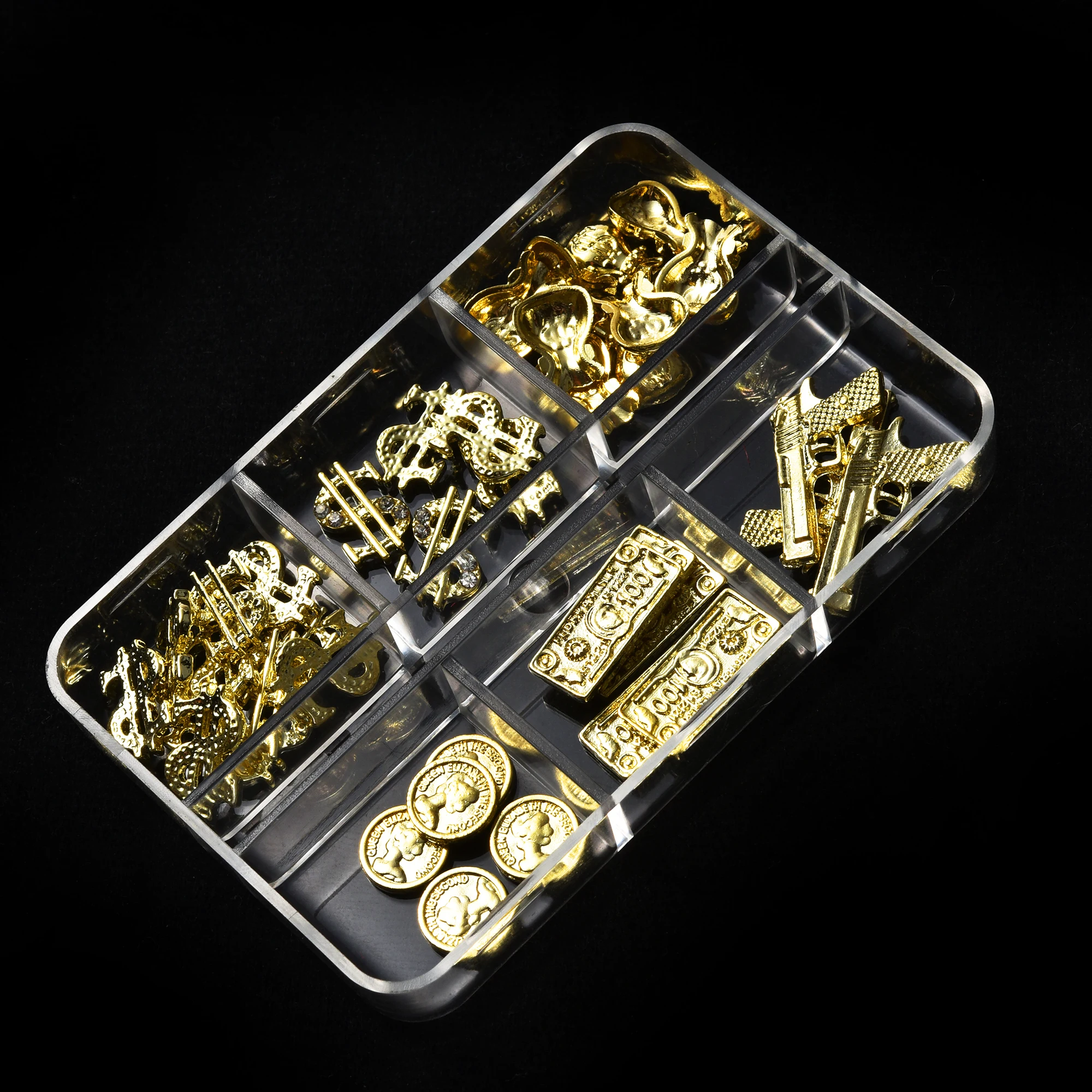 6 Grids Box Set 40pcs New Stylish Nail Art Jewelry Decor, Gold Gun & Wallet Metal Accessories Supplies