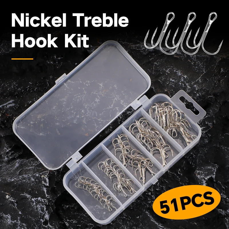WEIHE 51pcs White Nickel Treble Hooks Set, High Carbon Steel Triple Hooks for Lure Fishing Tackle