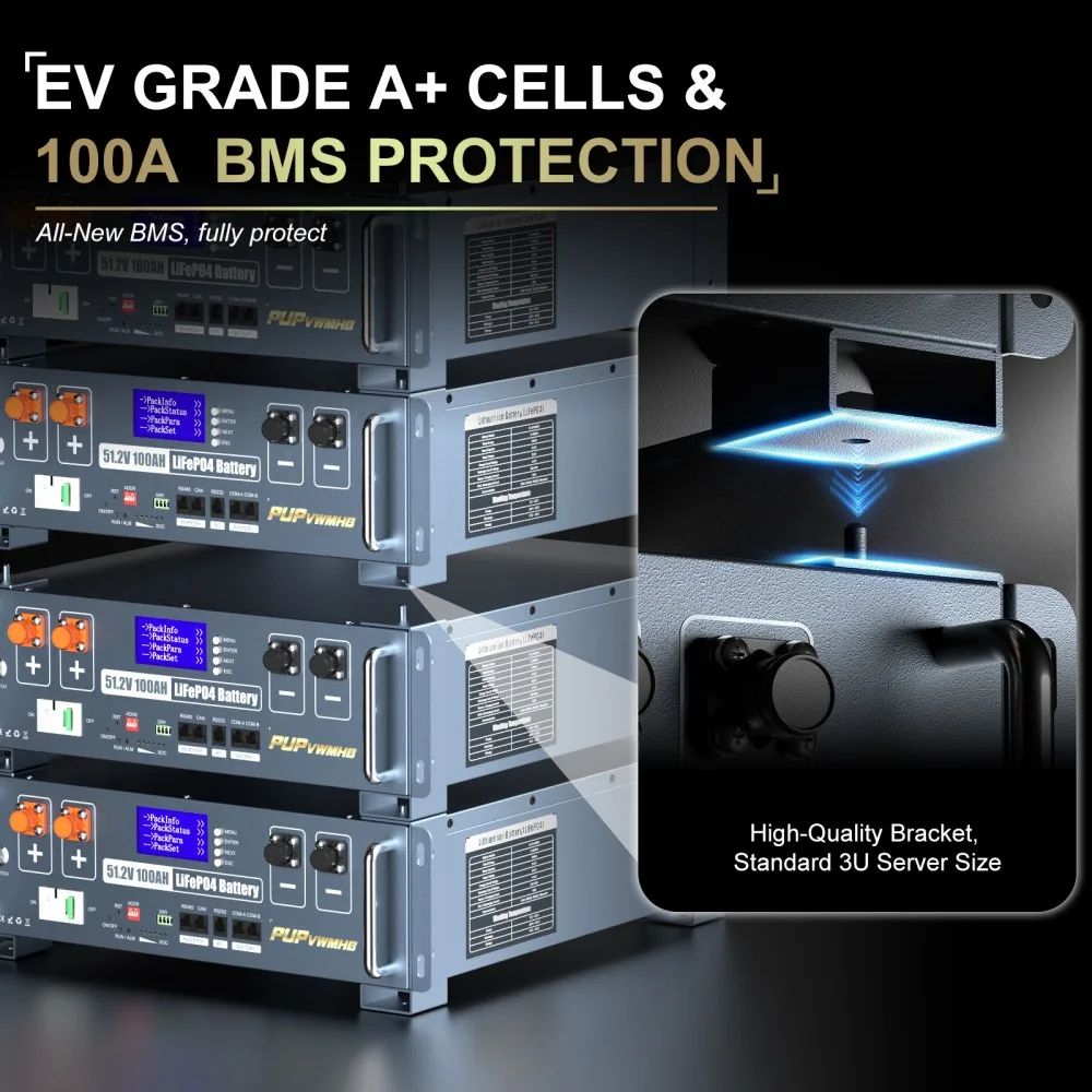 بطارية ليثيوم LiFePO4 48 فولت 100 أمبير في الساعة، جهاز تحكم عن بعد واي فاي 100 أمبير، بلوتوث BMS 8000+ دورات، بحد أقصى. طاقة 5.12 كيلو وات للنظام الشمسي خارج الشبكة