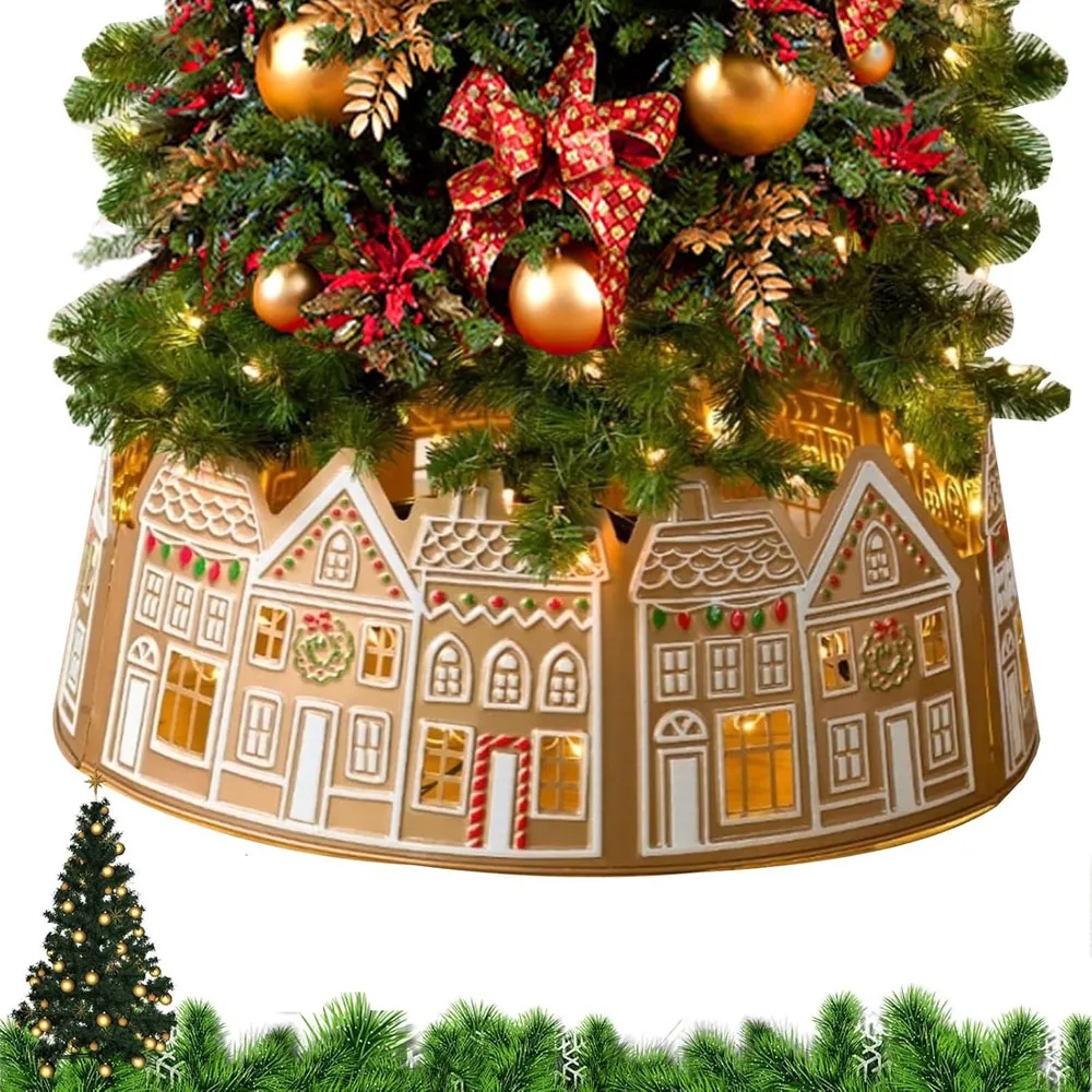 Christmas Tree Collar Basket Non-woven Fabric House Design with Light Tree Ring Decorations 26/28 Inches Battery Operated