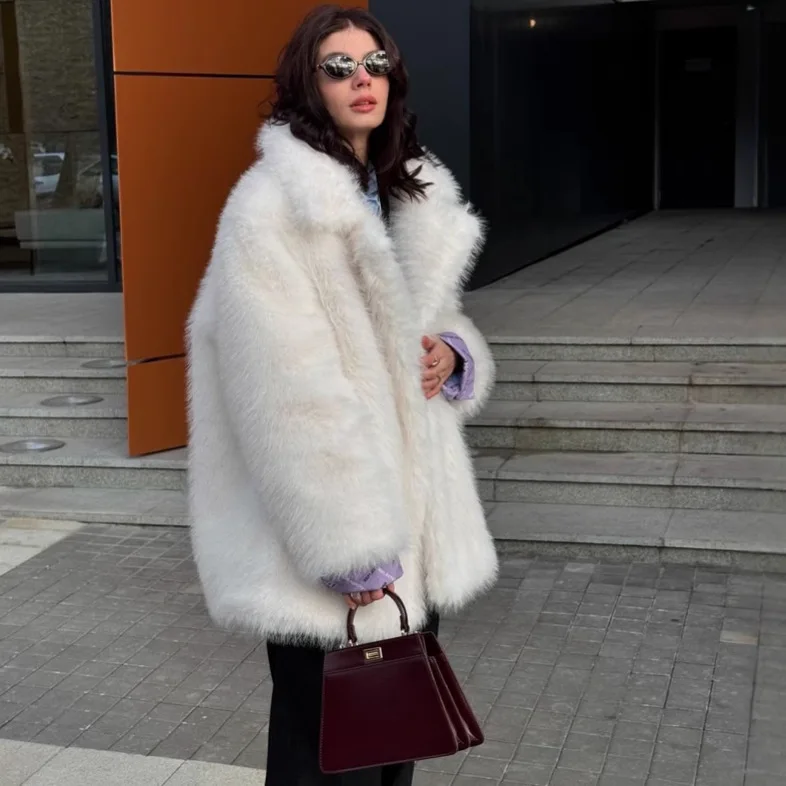 Coats Women Mid Length Faux Fur Jackets Y2k Streetwear Elegant Work Turn Down Collar Covered Buttons Thick Warm Autumn Winter