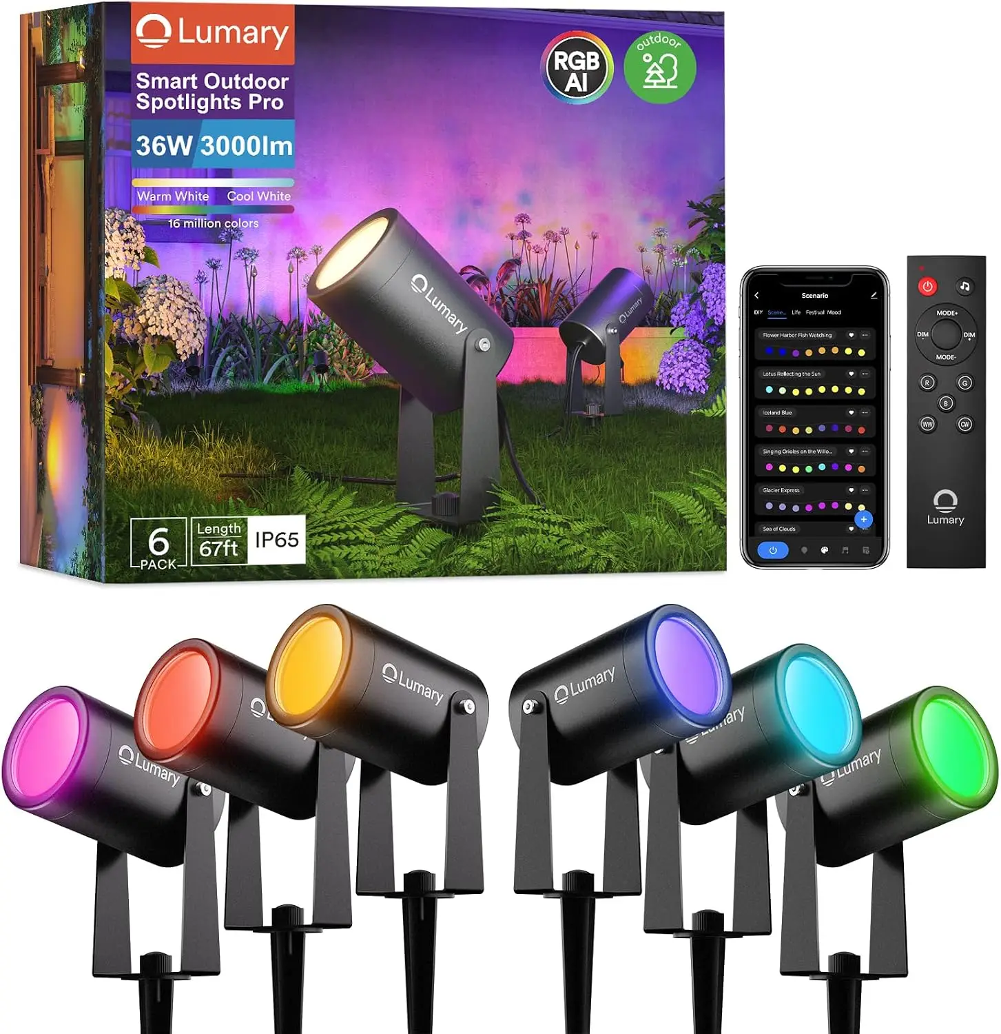 Smart Landscape Lights 500LM 6 Pack Color Changing Spotlights IP65 Waterproof RGBAICW Low Voltage Outdoor Garden Yard Pathway AP