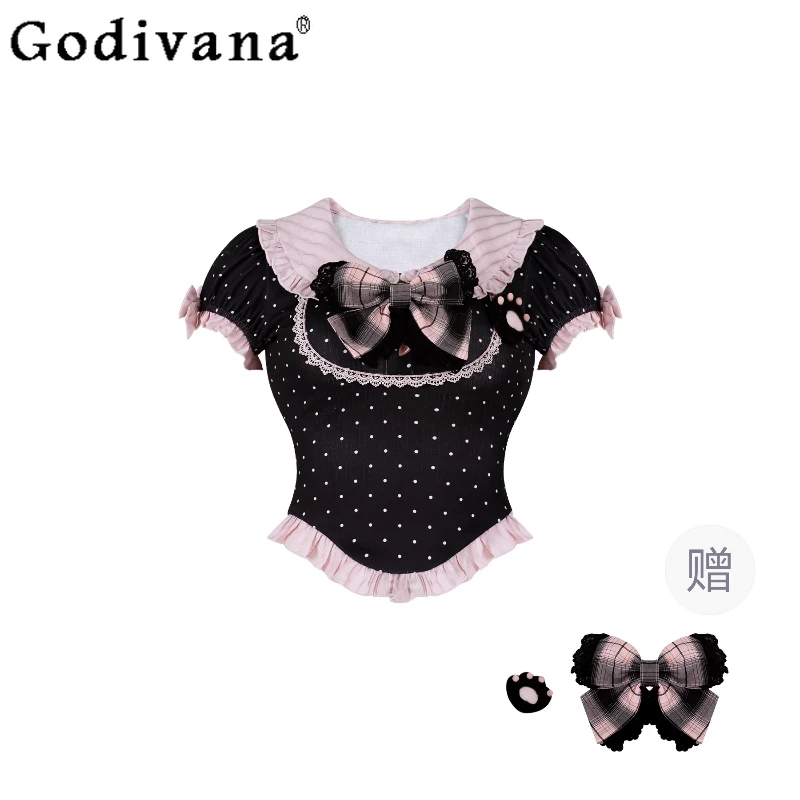 الصيف البولكا نقطة الأعلى مع القوس باو البولكا نقطة فستان بحزام ثوب نسائي الفتيات فستان بحزام مجموعة المرأة لوليتا نمط ملابس حلوة