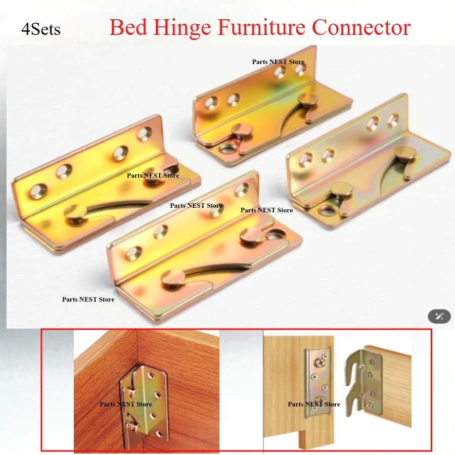 

4 Sets Bed Frame Corner Brackets Bed Rail Brackets Non-Mortise Bed Rail Fittings Wooden Furniture Hinge Fixing Connectors
