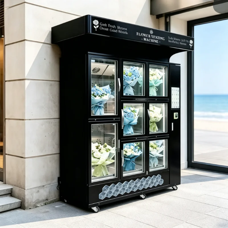 Luxury Smart Floral Bouquet Vending Machine Built‑in Refrigerated Storage Locker Custom Touchscreen UI Custom Graphics Cloud