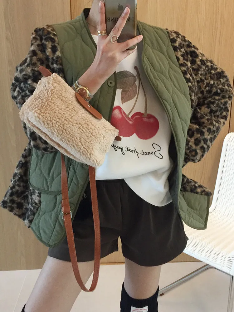 

Женское свободное пальто из овечьей шерсти и хлопка на осень-зиму с хлопковой подкладкой, леопардовым принтом и V-образным вырезом на одной пуговице