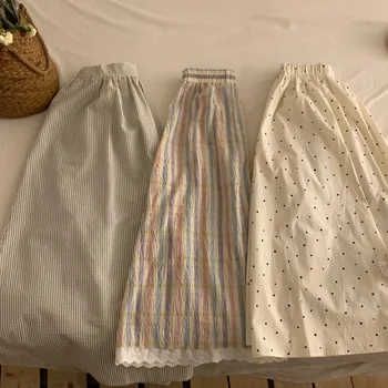 한국어 스타일 폴카 도트 스트라이프 레이스 엣지 스커트 여성 봄 2024 새로운 하이 웨이스트 a 라인 슬리밍 빈티지 중간 길이 드레스 