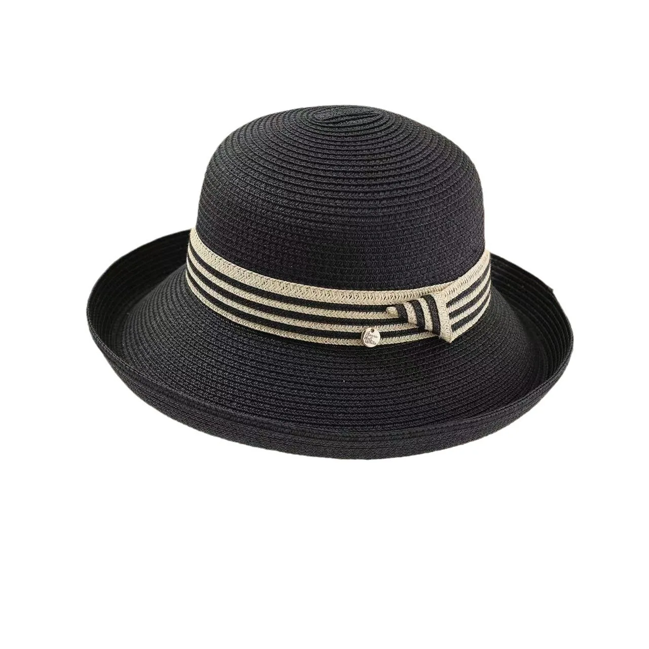 Sun Hat Female Summer French Style Curved Brim Straw Hat British Retro Black Sun Protection Hat Travel Foldable Sun Hat Tide