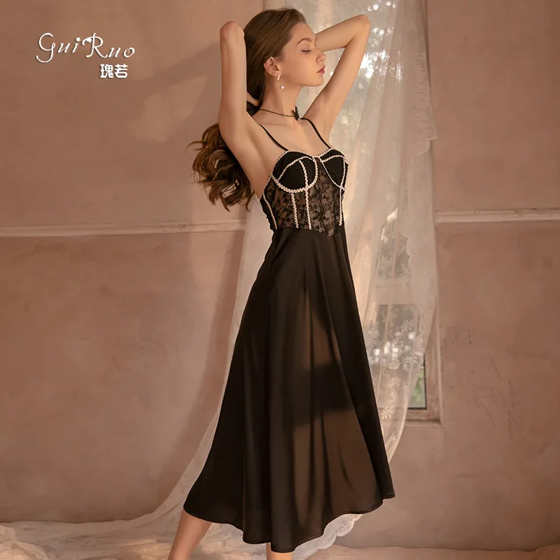 French  long ice silk satin sexy embroidery lace patchwork seduction suspender nightgown women homewear sleepwear T pants 2pcs