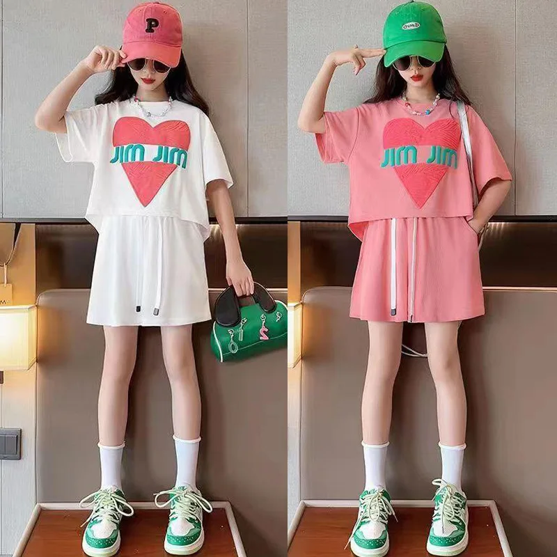 

Girls and Teenagers Summer Love Top + Loose Drawstring Shorts 2-piece Set Children's Clothing for Loungewear Children's Sets