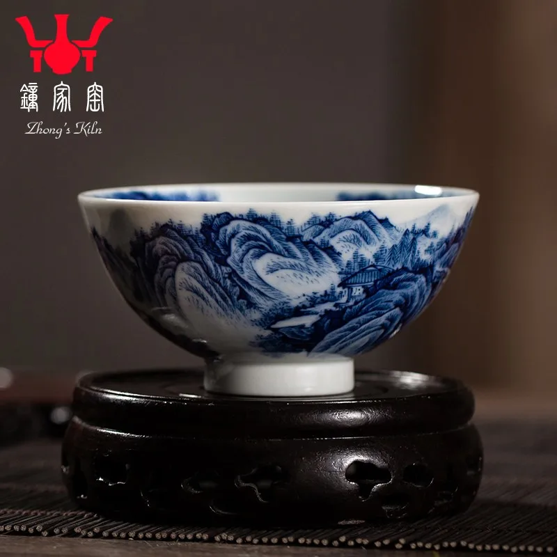 Zhongjia Kiln Master Cup Single Cup Jingdezhen Firewood Kiln Hand Painted Fake Antique Blue and White Landscape Chicken Hearts C