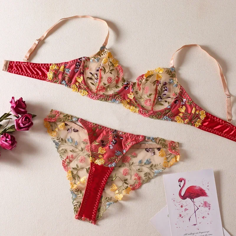 Floral Embroidery Transparent Bra Sexy Lingerie Woman 2 Pieces Lace Transparent Set Delicate Underwear Steel Hoop Bra