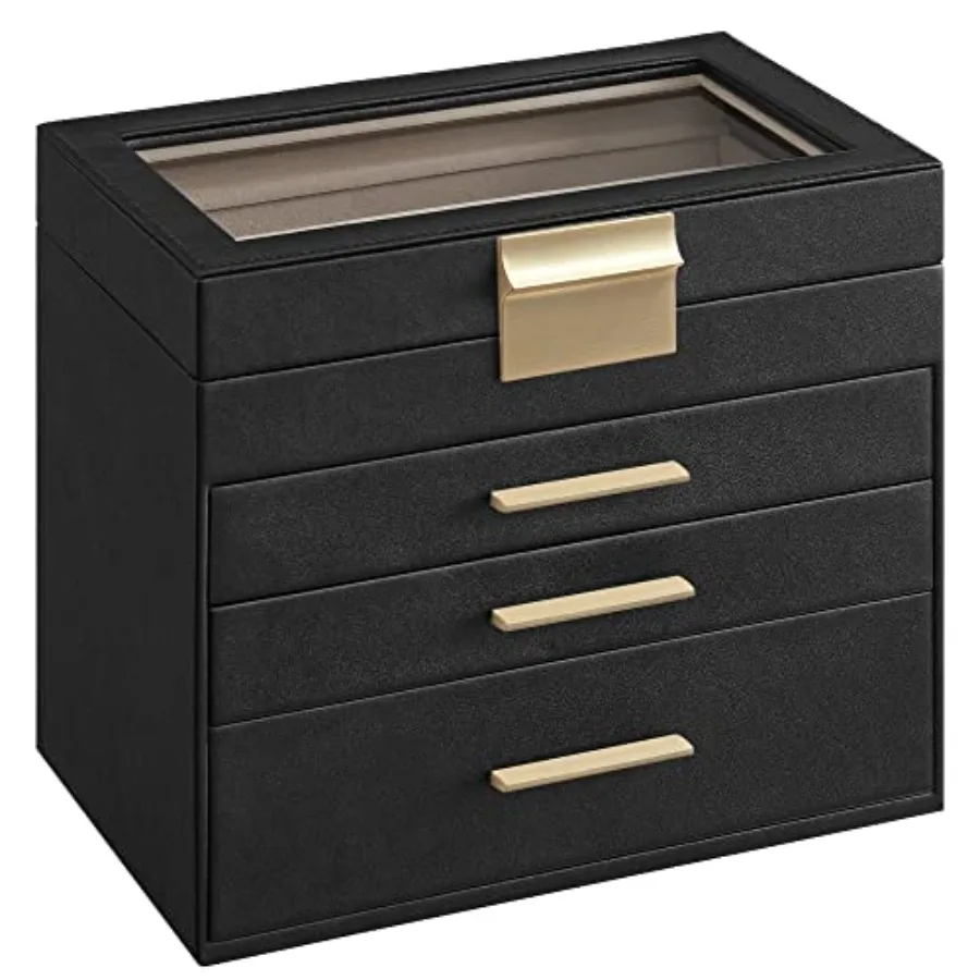 

Jewelry Box Organizer with Glass Lid 4-Layer Jewelry Storage with 3 Drawers Modern Style 6 x 9.9 x 8.5 Inches Graphite Black an