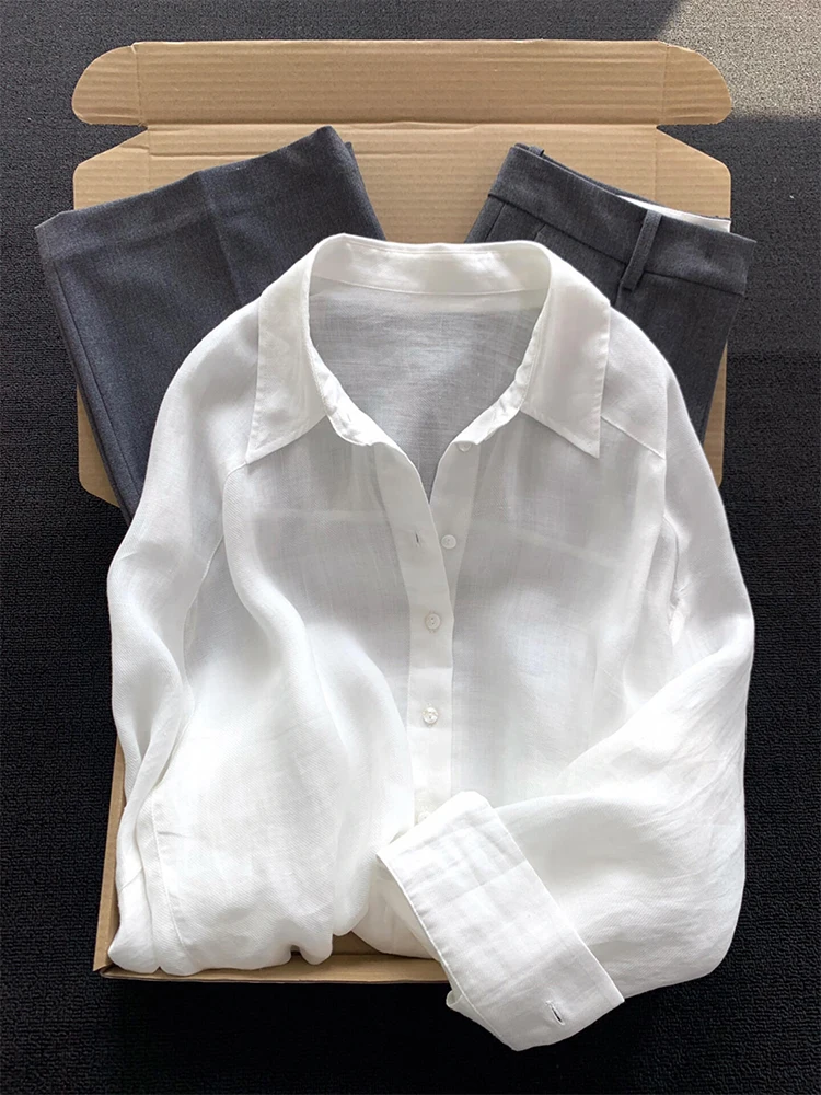 

mat Sle White Linen Sun Protection irt Women's Summer Thin Versatile Top Loose Fit Collar Long Sve Pure Color