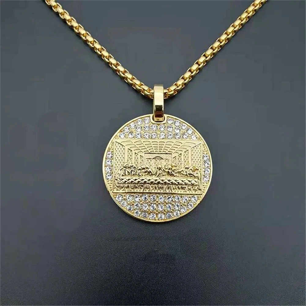 Stainless Steel Last Supper Pendant Gold Color Iced Out Bling Zircon Round Necklace For Men Father\'s Day Gift Hip Hop Jewelry